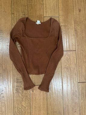 Bozzolo Ribbed Square-Neck Long Sleeve Top - Chestnut Brown